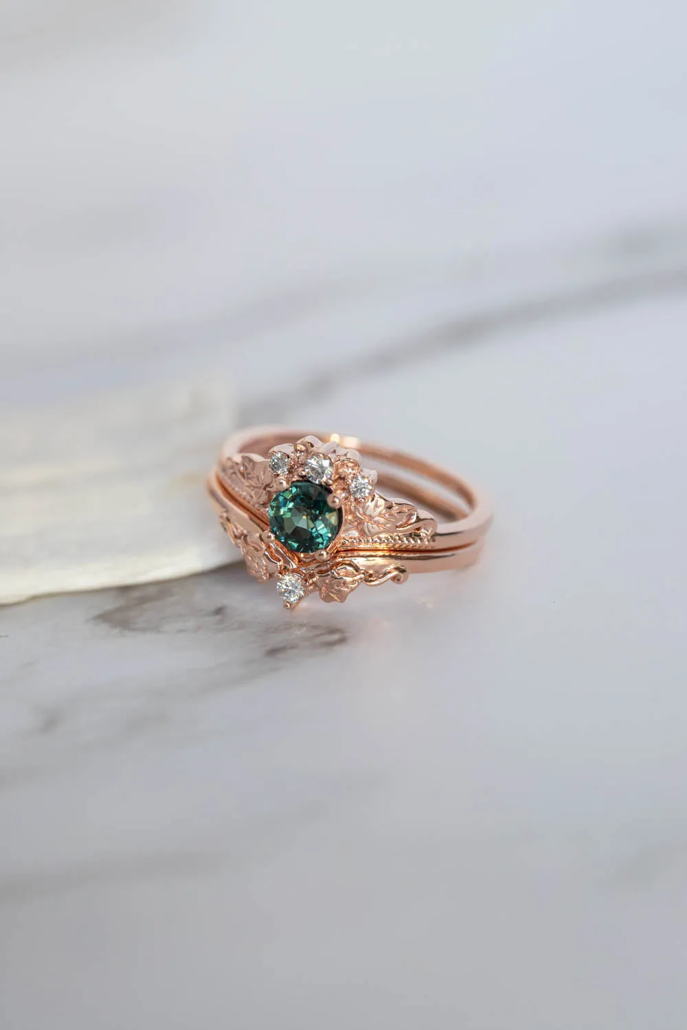 READY TO SHIP: Ariadne set in 14K rose gold, natural teal sapphire round cut 5 mm, diamonds, RING SIZE 7 US