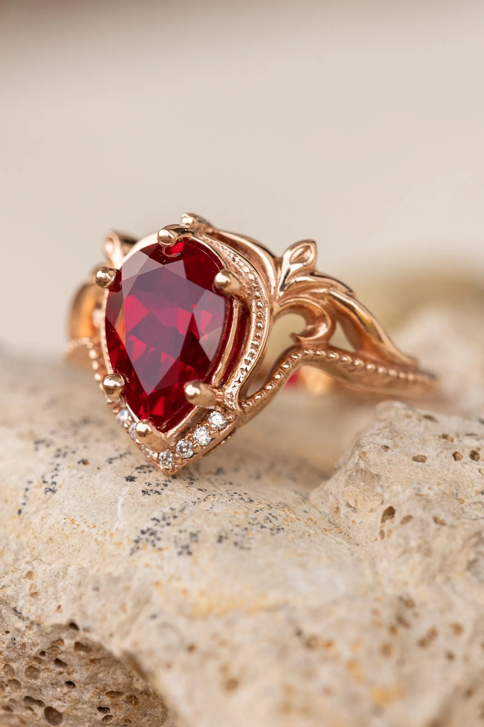READY TO SHIP: Lida ring in 14K rose gold, lab ruby pear cut 10x7mm, accent moissanites, AVAILABLE RING SIZES: 6-8US