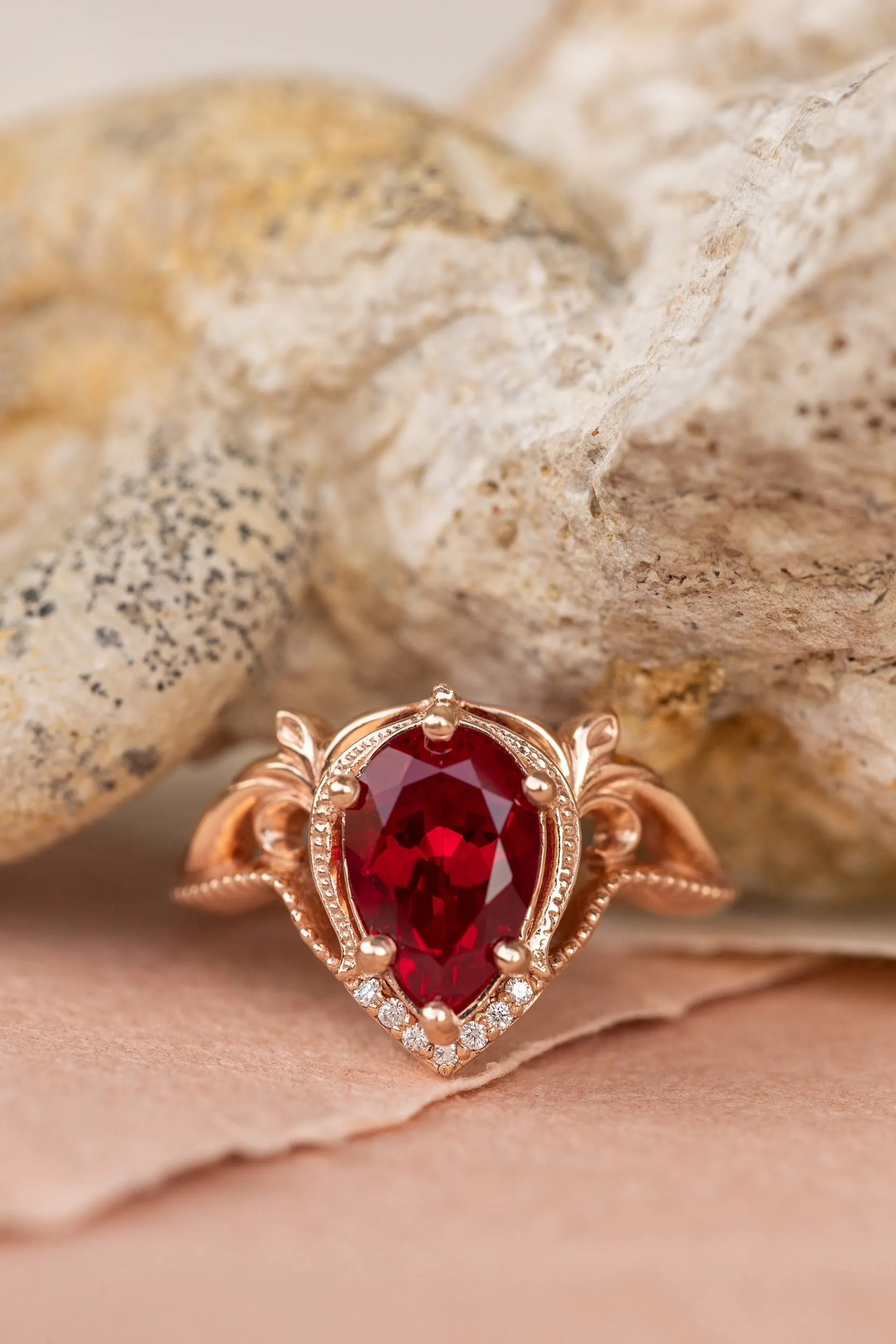 READY TO SHIP: Lida ring in 14K rose gold, lab ruby pear cut 10x7mm, accent moissanites, AVAILABLE RING SIZES: 6-8US