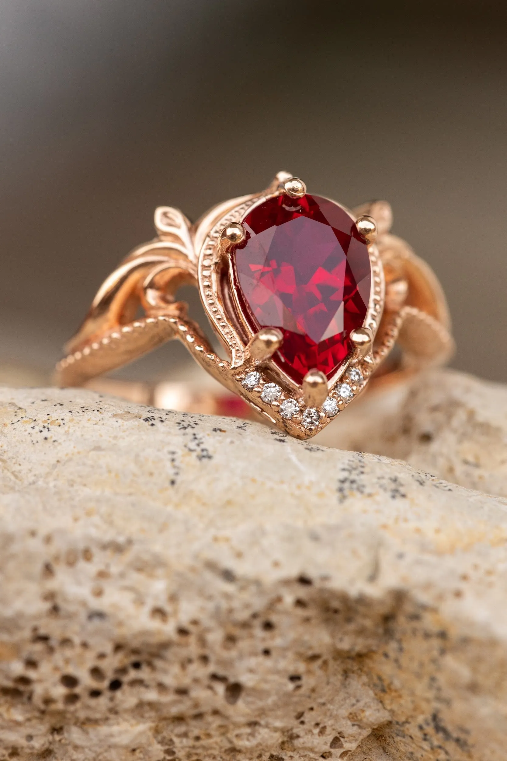 READY TO SHIP: Lida ring in 14K rose gold, lab ruby pear cut 10x7mm, accent moissanites, AVAILABLE RING SIZES: 6-8US