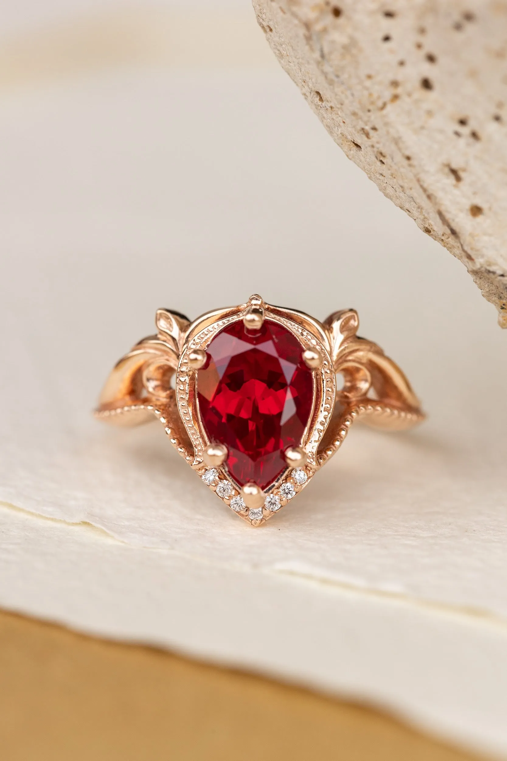 READY TO SHIP: Lida ring in 14K rose gold, lab ruby pear cut 10x7mm, accent moissanites, AVAILABLE RING SIZES: 6-8US