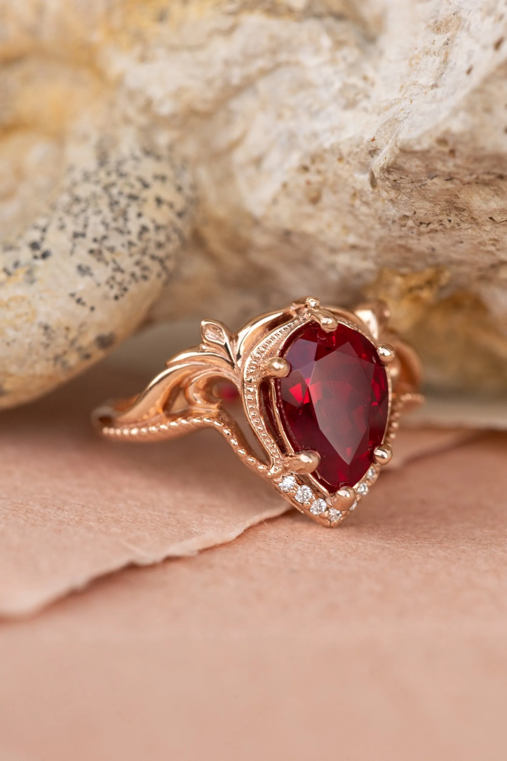 READY TO SHIP: Lida ring in 14K rose gold, lab ruby pear cut 10x7mm, accent moissanites, AVAILABLE RING SIZES: 6-8US