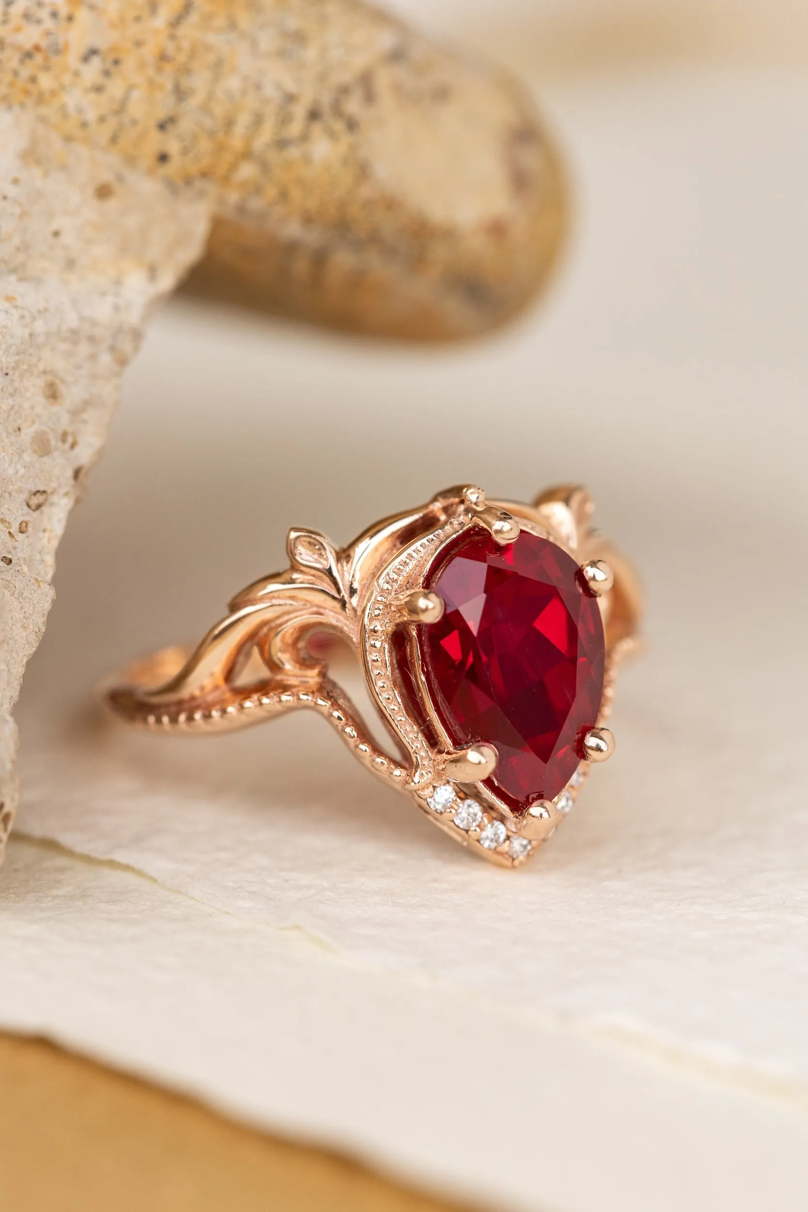 READY TO SHIP: Lida ring in 14K rose gold, lab ruby pear cut 10x7mm, accent moissanites, AVAILABLE RING SIZES: 6-8US