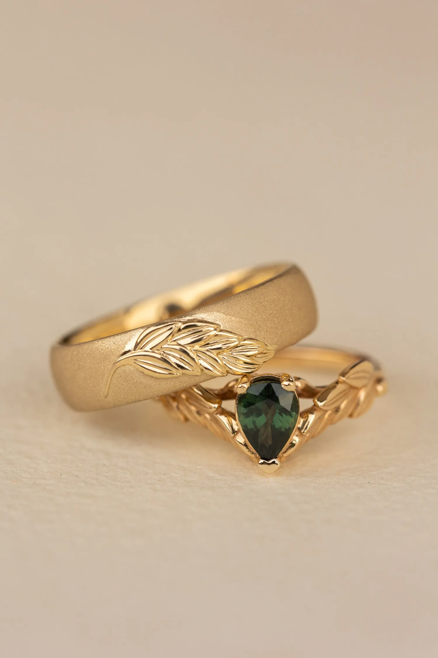 READY TO SHIP:Palm leaf wedding band in 14K yellow gold, sandblast finish, comfort fit 6 mm, RING SIZE 9-11US