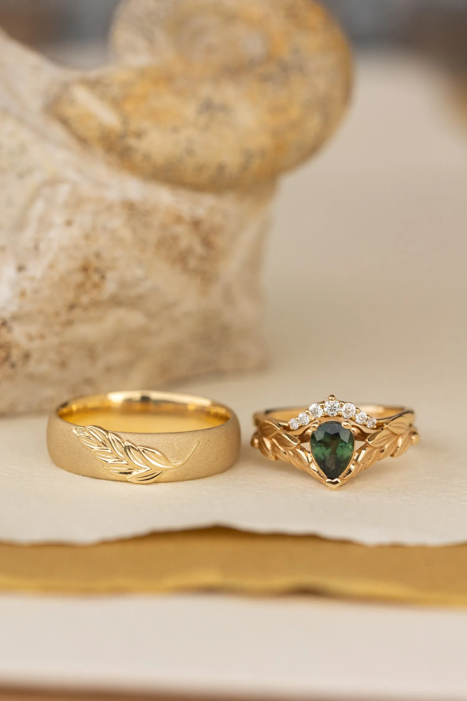 READY TO SHIP:Palm leaf wedding band in 14K yellow gold, sandblast finish, comfort fit 6 mm, RING SIZE 9-11US