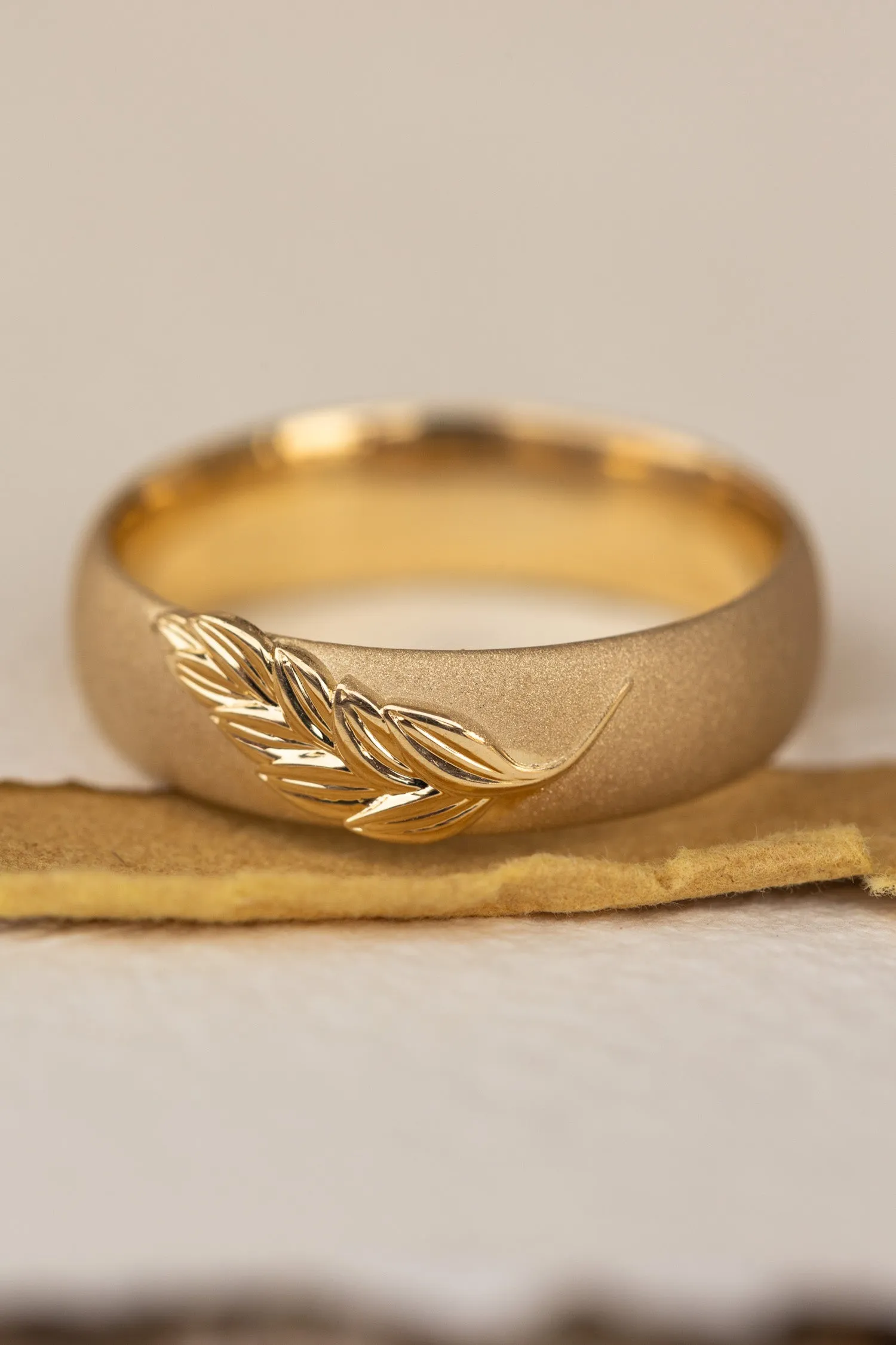 READY TO SHIP:Palm leaf wedding band in 14K yellow gold, sandblast finish, comfort fit 6 mm, RING SIZE 9-11US