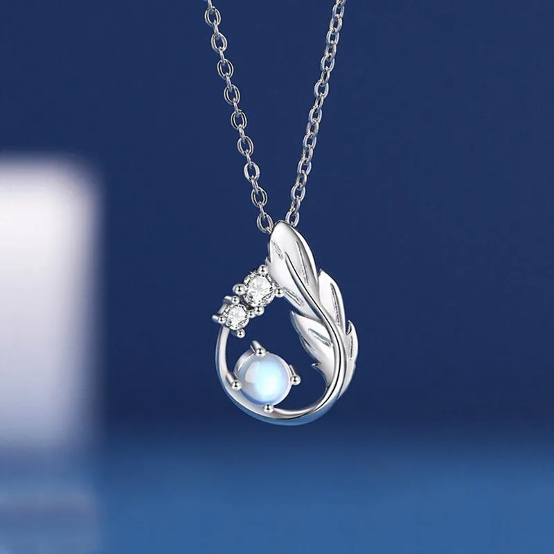 S925 Sterling Silver Main Moonstone Small CZ Diamond Feather Necklace