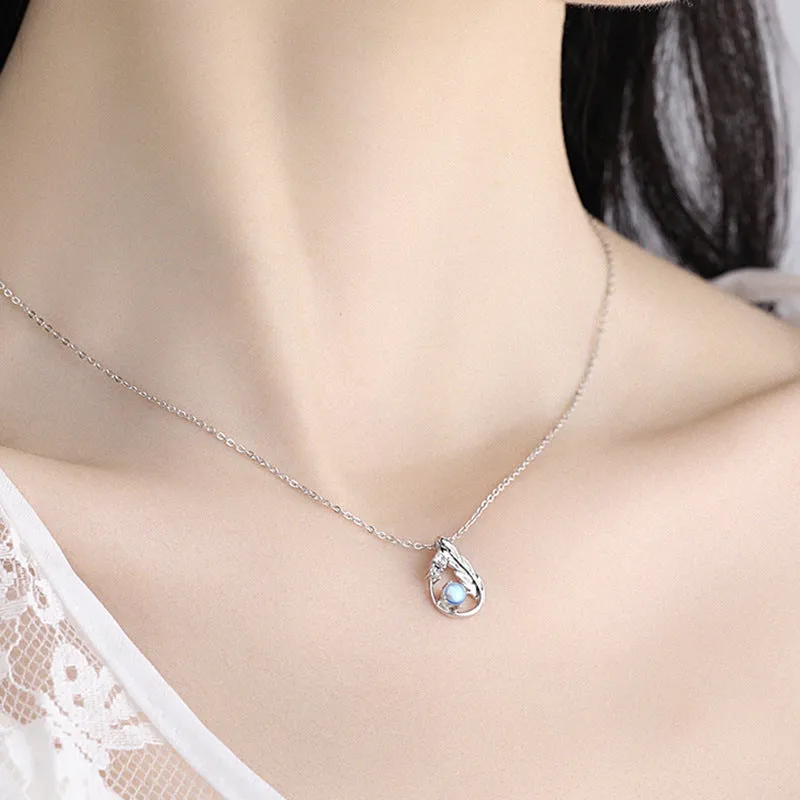 S925 Sterling Silver Main Moonstone Small CZ Diamond Feather Necklace