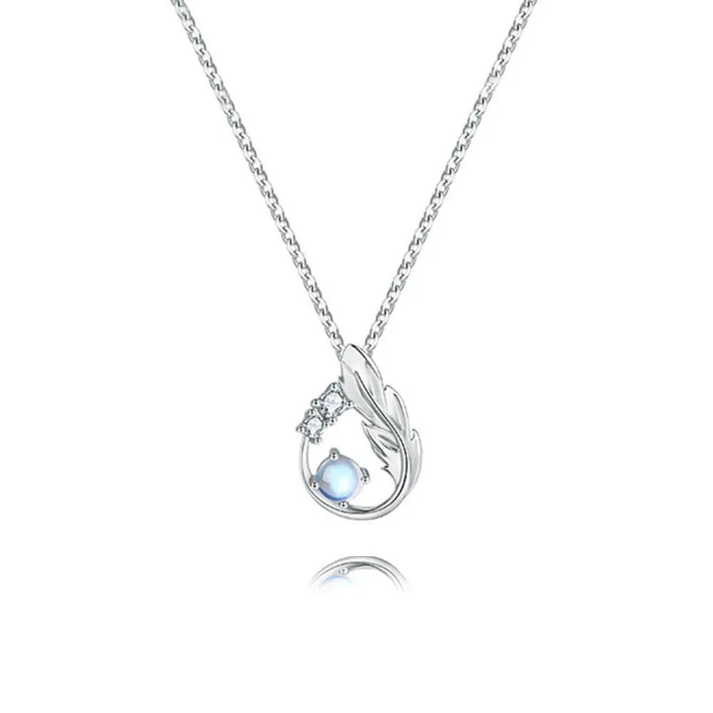 S925 Sterling Silver Main Moonstone Small CZ Diamond Feather Necklace