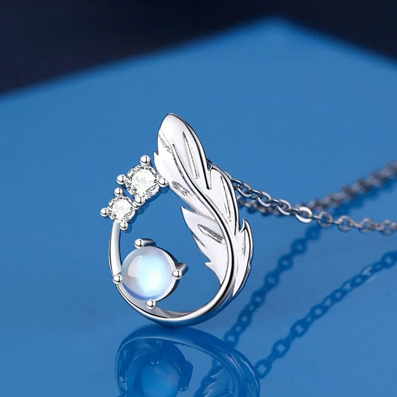 S925 Sterling Silver Main Moonstone Small CZ Diamond Feather Necklace