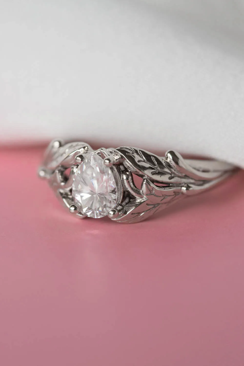 Sparkling moissanite gold engagement ring, pear cut gemstone gold leaf proposal ring / Wisteria