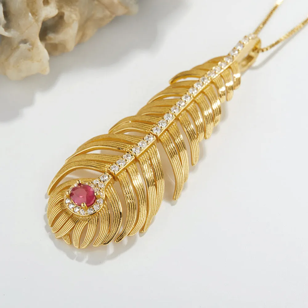 Sterling Silver Natural Ruby Gold Feather Necklace