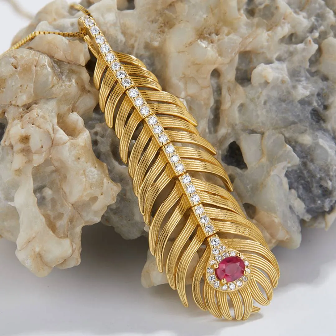 Sterling Silver Natural Ruby Gold Feather Necklace