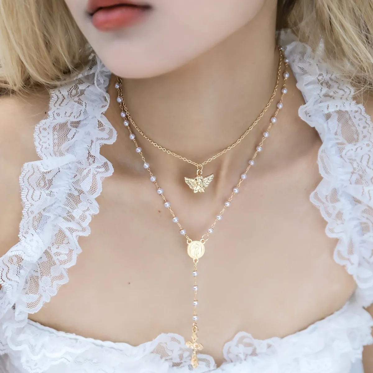 Vintage Angel Geometric Round Charm Necklace - 100% Natural Pearls & Y Criss Cross Fringe - Perfect for Halter Blouses!