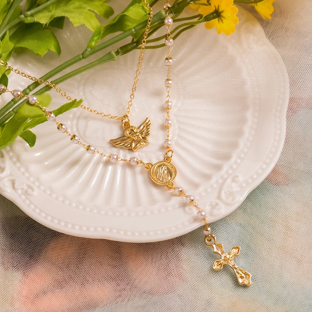 Vintage Angel Geometric Round Charm Necklace - 100% Natural Pearls & Y Criss Cross Fringe - Perfect for Halter Blouses!