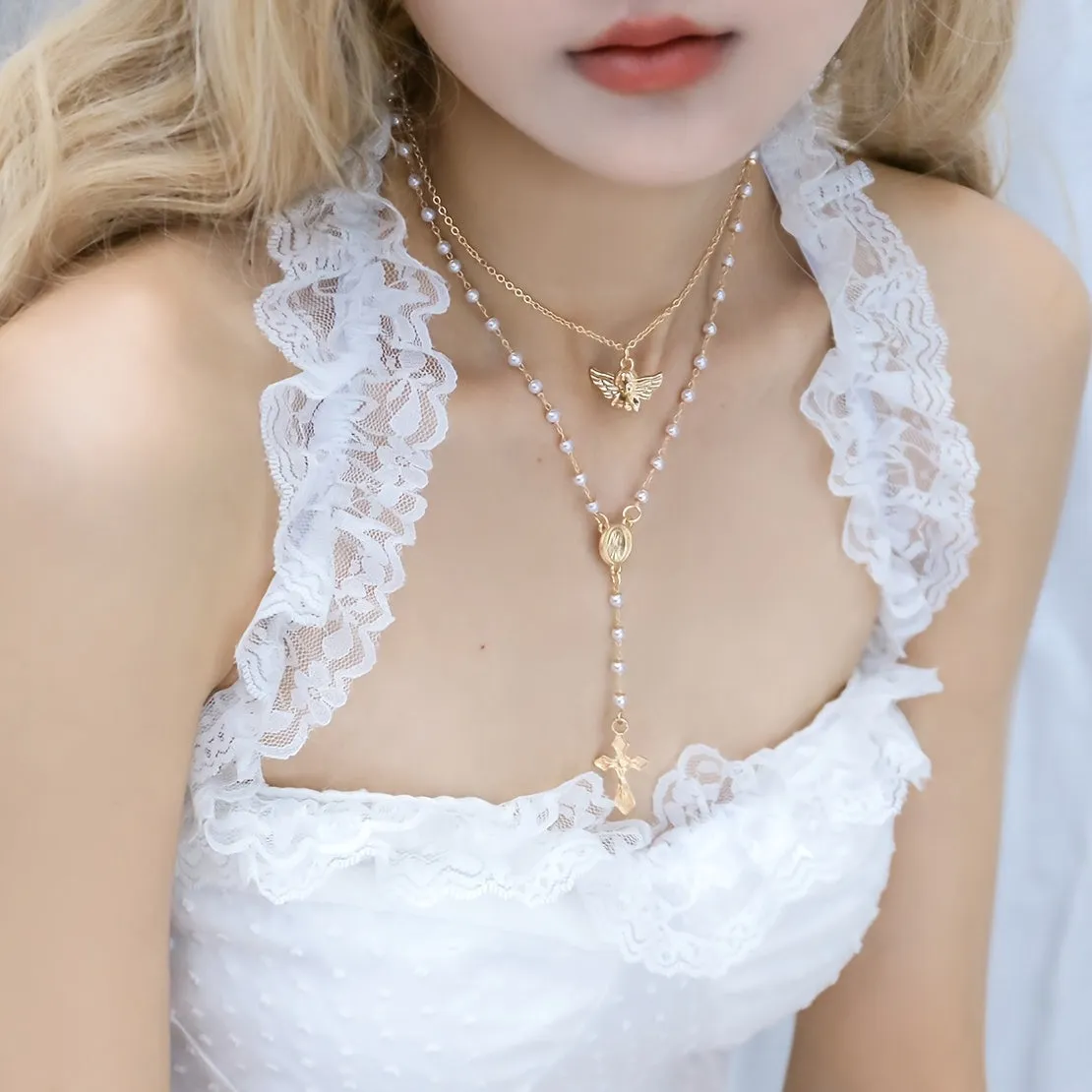 Vintage Angel Geometric Round Charm Necklace - 100% Natural Pearls & Y Criss Cross Fringe - Perfect for Halter Blouses!