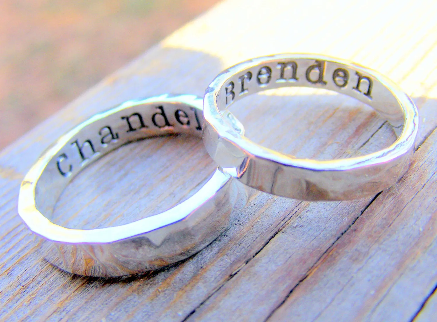 Wedding Ring Band Set Palladium Sterling Silver Mens Women Couples Ring Set, Personalized, Engraved, Engagement Ring, Custom Hand Stamped