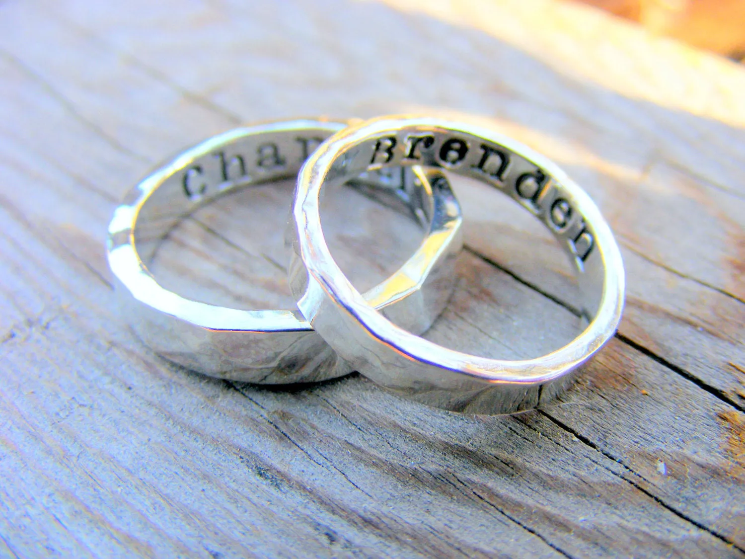 Wedding Ring Band Set Palladium Sterling Silver Mens Women Couples Ring Set, Personalized, Engraved, Engagement Ring, Custom Hand Stamped